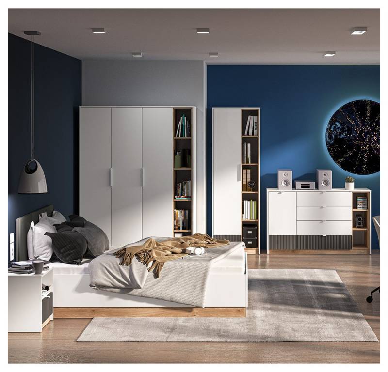 Lomadox Jugendzimmer-Set TIMARU-131, (Sparset, 5-tlg), in weiß mit Eiche und grau, 120cm Bett von Lomadox