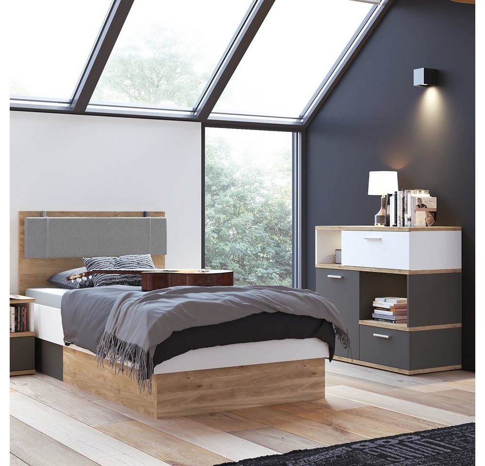 Lomadox Jugendzimmer-Set TOMAR-129, (Sparset, 2-tlg), mit 90x200cm Bett, Sideboard mit Beleuchtung, Eiche mit weiß und grau von Lomadox