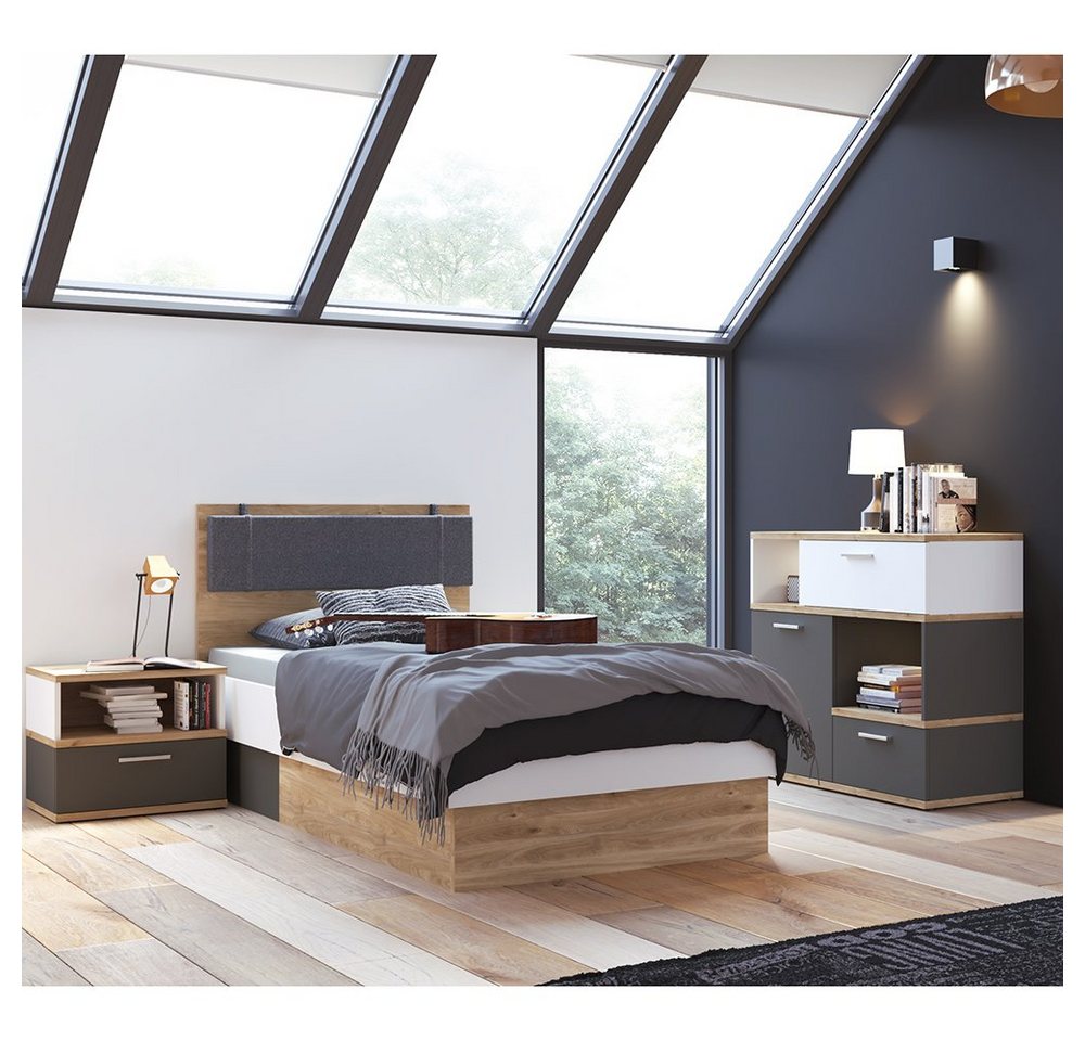 Lomadox Jugendzimmer-Set TOMAR-129, (Sparset, 3-tlg), mit 90x200cm Bett, Sideboard mit Beleuchtung, Eiche mit weiß und grau von Lomadox