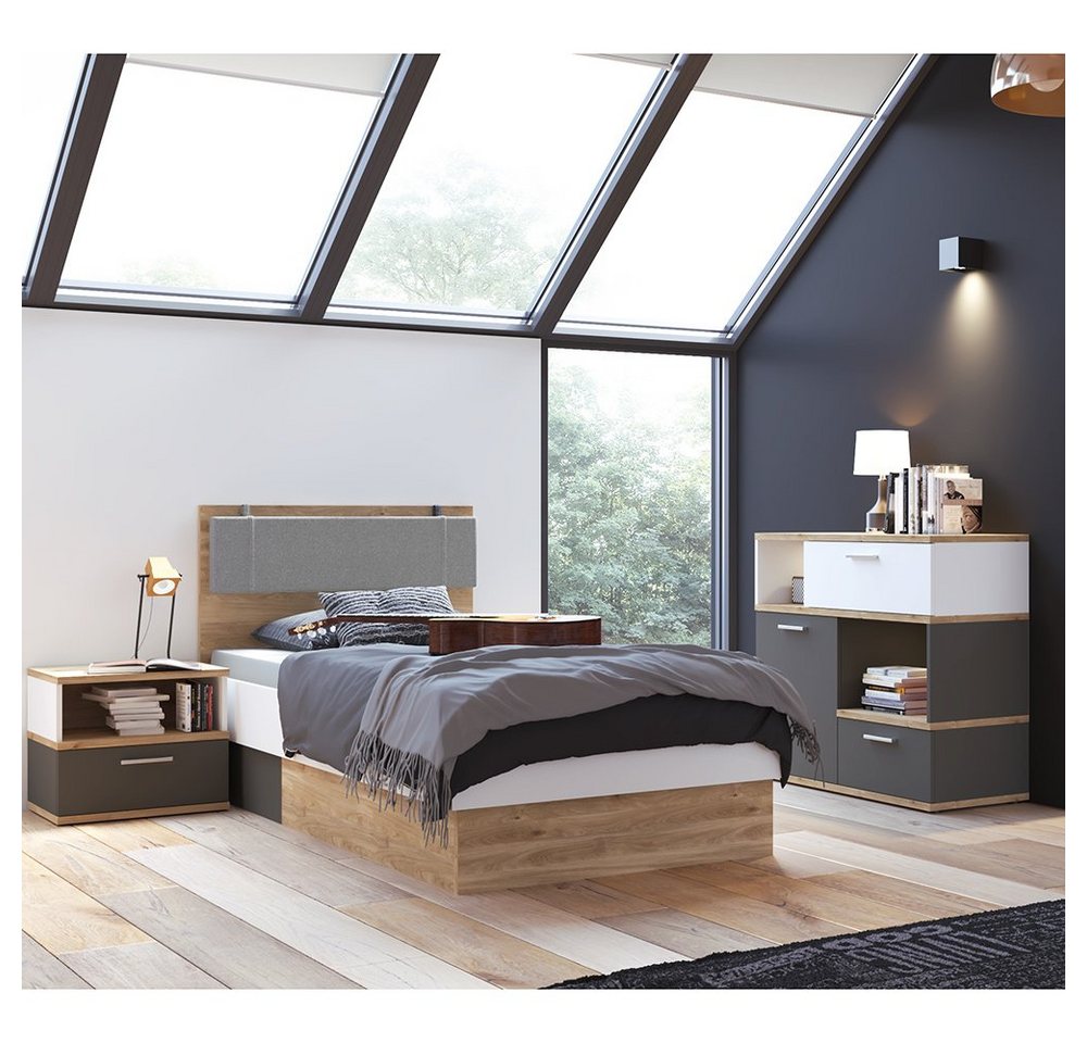Lomadox Jugendzimmer-Set TOMAR-129, (Sparset, 3-tlg), mit 90x200cm Bett, Sideboard mit Beleuchtung, Eiche mit weiß und grau von Lomadox