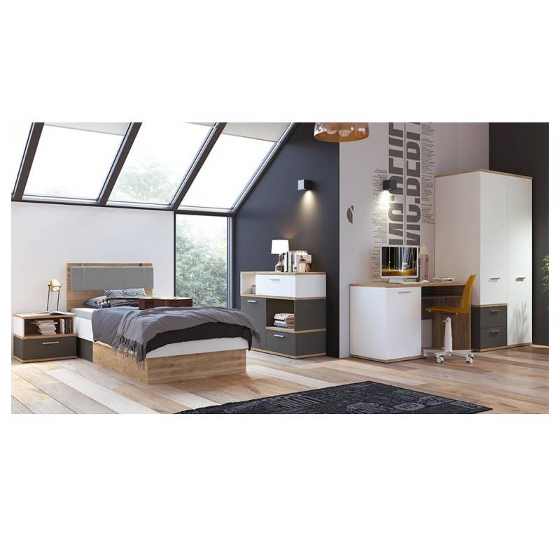 Lomadox Jugendzimmer-Set TOMAR-129, (Sparset, 5-tlg), Komplett Set mit 90x200 cm Bett in Eiche Nb. mit grau und weiß von Lomadox