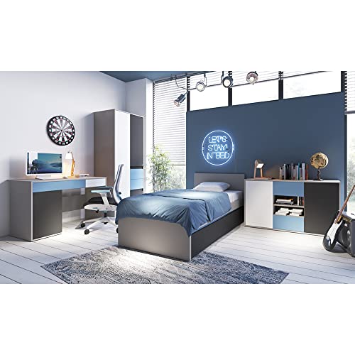 Lomadox Jugendzimmer Set mit Bett, Bettkasten, Kleiderschrank, Schreibtisch, Sideboard in grau mit schwarz, weiß, blau von Lomadox
