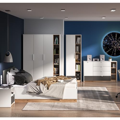 Lomadox Jugendzimmer Set mit Kleiderschrank, Regalschrank, Sideboard, Nachttisch, Bett 120x200cm inkl. Lattenrost in weiß mit Eiche und Graphit Modern von Lomadox