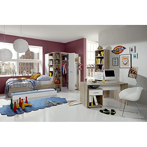 Lomadox Jugendzimmer komplett Set mit Eckkleiderschrank, begehbar und beleuchtet, Schreibtisch Set und Bücherregal in Eiche Nb. mit weiß von Lomadox
