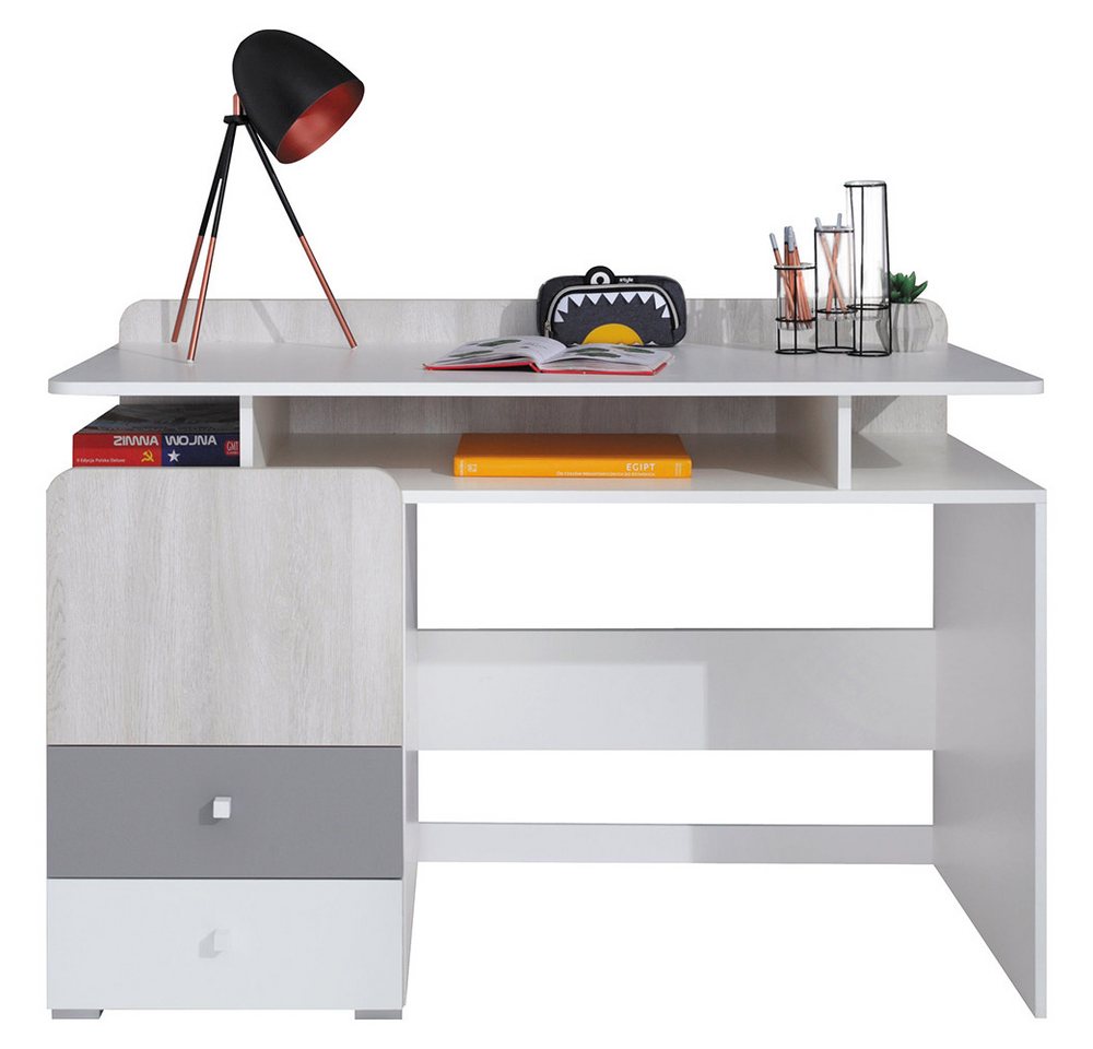 Lomadox Kinderschreibtisch COLLINS-133, Jugendzimmer Kinderzimmer Büro Tisch weiß Eiche hell grau 125x86x55 von Lomadox