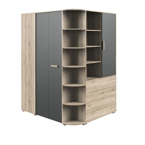 Lomadox Kinderzimmer Eckkleiderschrank begehbar Jugendzimmer Kleiderschrank,gespiegelt aufbaubar in Eiche mit Graphit von Lomadox