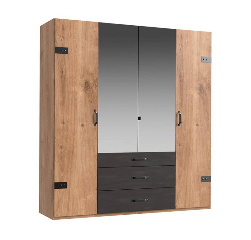 Lomadox Kleiderschrank DAVENPORT-43 200cm, 4 Türen (2 Spiegeltüren), 3 Schubladen, Eiche mit Stahl Nb. von Lomadox