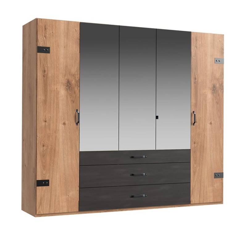 Lomadox Kleiderschrank DAVENPORT-43 250cm, 5 Türen (3 Spiegeltüren), 3 Schubladen, Eiche mit Stahl Nb. von Lomadox