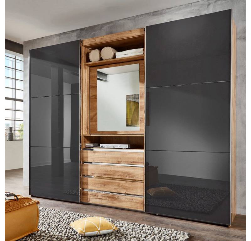 Lomadox Kleiderschrank MIDLAND-43 in Eiche Glasfronten grau Schwebetüren Spiegel integriert 300x236x65cm Lomadox Kleiderschrank MIDLAND-43 in Eiche Glasfronten grau Schwebetüren Spiegel integriert 300x236x65cm von Lomadox