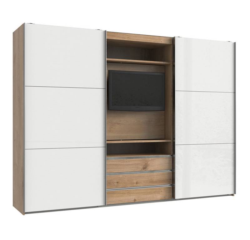 Lomadox Kleiderschrank MIDLAND-43 in Eiche Schwebetüren Glasfront weiß TV Halterung 300x216x65 cm von Lomadox