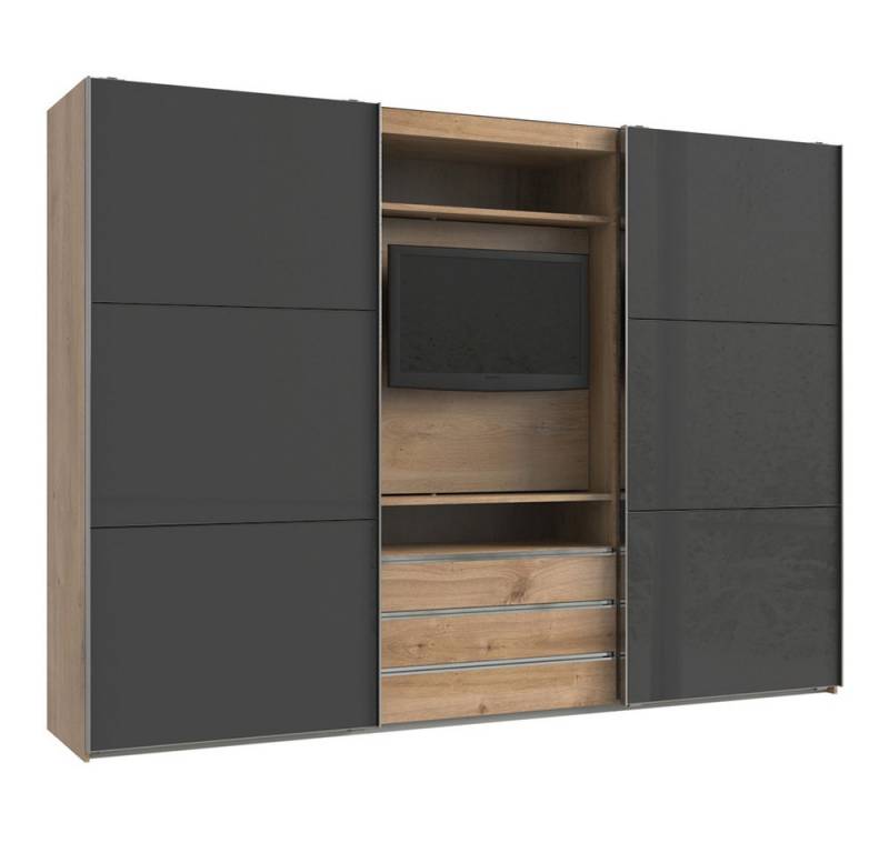 Lomadox Kleiderschrank MIDLAND-43 in Eiche mit grau Schwebetüren Schubladen TV-Halterung 300x216x65 cm von Lomadox