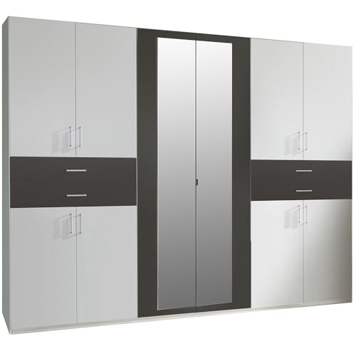 Lomadox Kleiderschrank mit Spiegel, 270 cm breit Garderobenschrank Schlafzimmerschrank Wardrobe modern in weiß mit Graphit von Lomadox