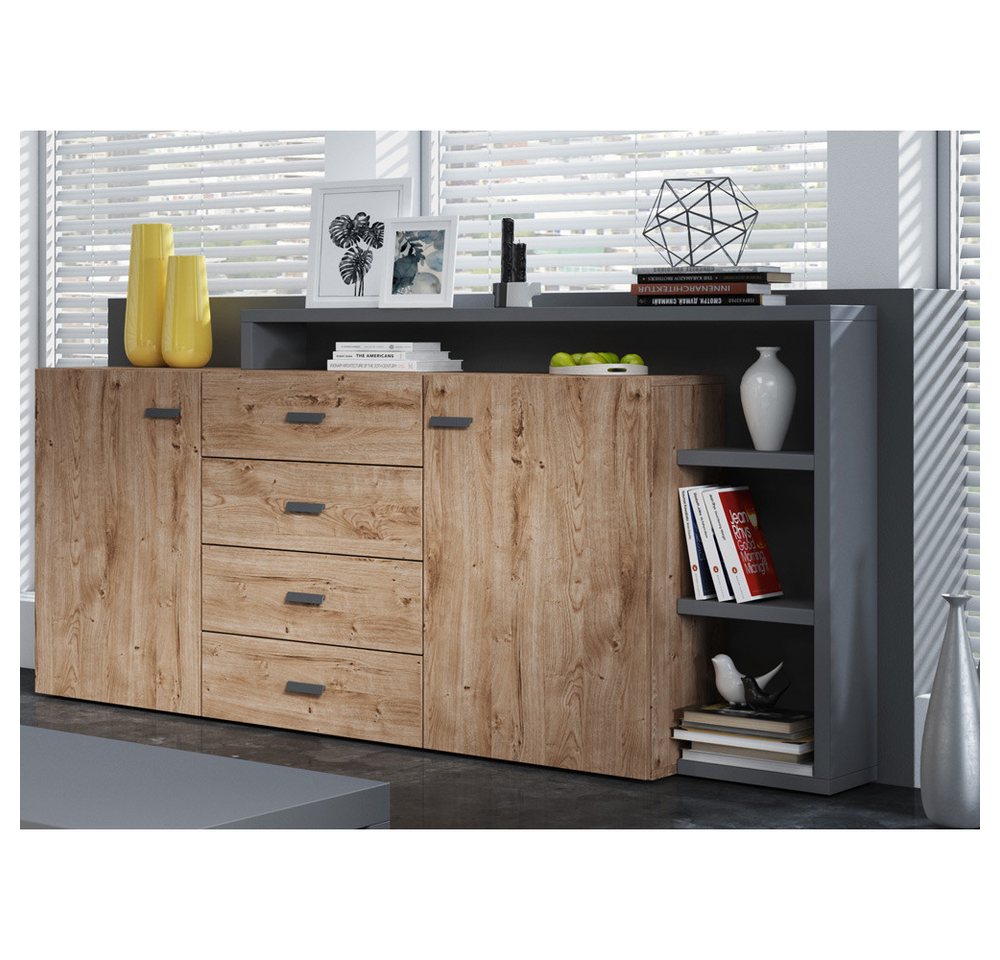 Lomadox Sideboard BEXLEY-83, Regal Eiche Ribbeck Absetzungen anthrazit 180/98/37 cm von Lomadox