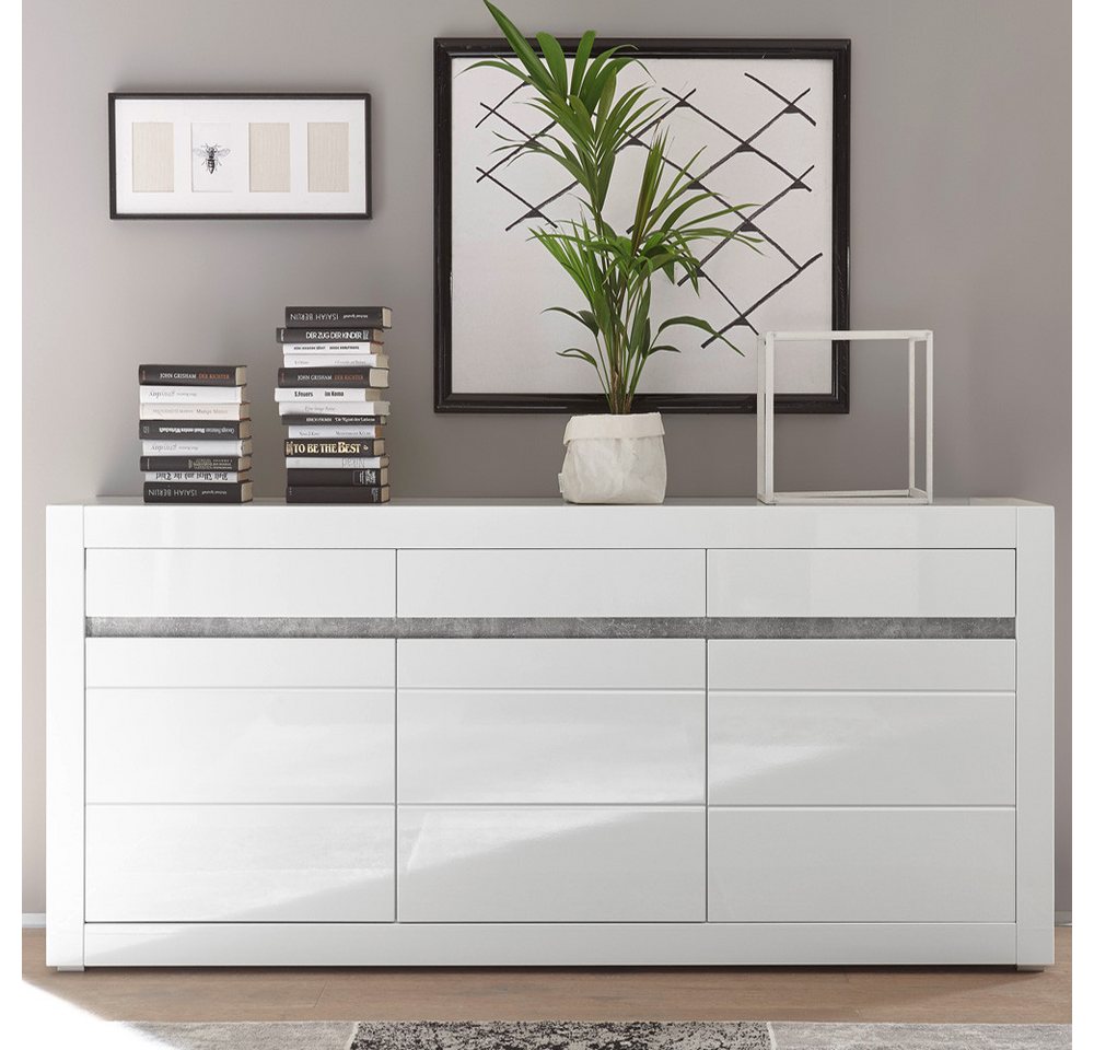 Lomadox Kommode COGO-61, Sideboard in Hochglanz weiß mit Griffmulden in Betonoptik 217x90x42cm von Lomadox