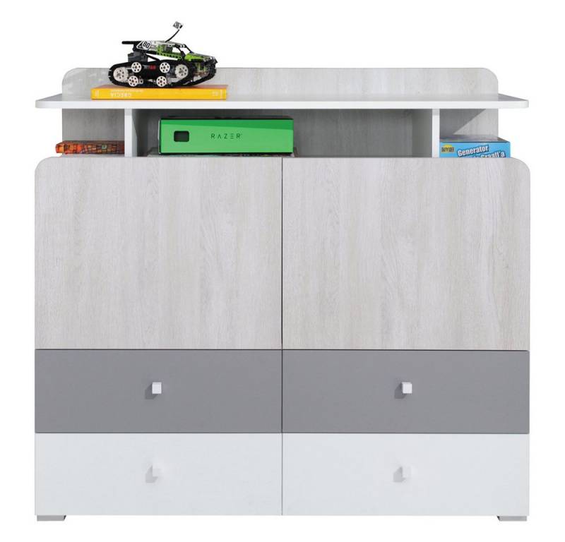 Lomadox Kommode COLLINS-133, Sideboard Kinderzimmer Jugendzimmer weiß Eiche hell grau 110x100x40 cm von Lomadox