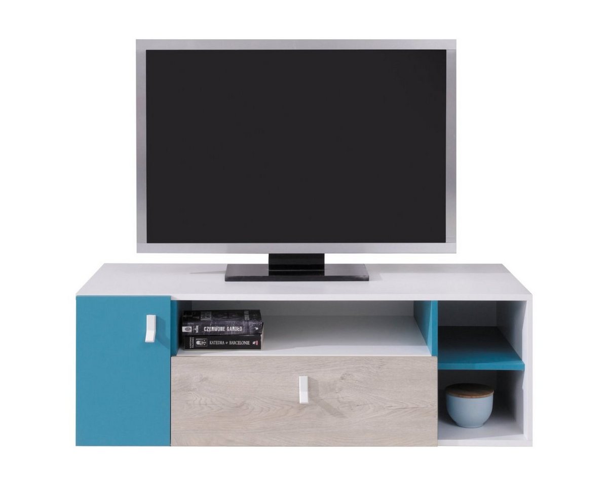 Lomadox Kommode PITTSBURGH-133, Fernsehschrank 120cm, weiß/Eiche/blau von Lomadox