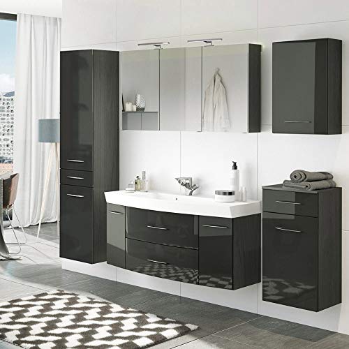 Lomadox Komplett Badmöbel Set in Hochglanz grau ● 120cm Waschtisch mit 2 Auszügen & 2 Türen ● 3D Spiegelschrank mit 2 LED-Leuchten & Steckdose ● Hochschrank, Unterschrank & Hängeschrank von Lomadox