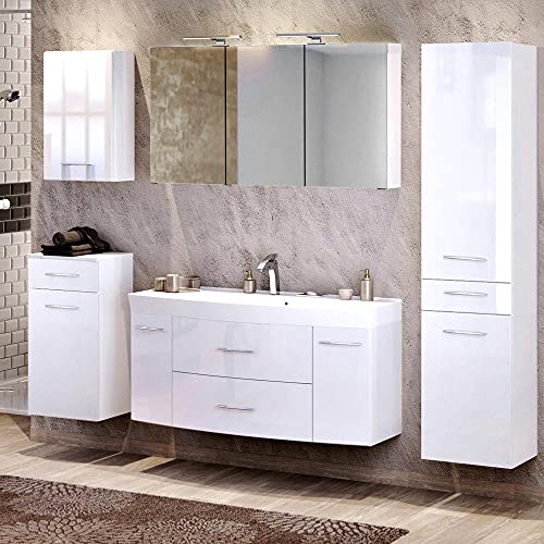 Lomadox Komplett Badmöbel Set in Hochglanz weiß 120cm Waschtisch & Unterschrank Waschbecken 3D Spiegelschrank & LED-Leuchten Steckdose Hochschrank Unterschrank Hängeschrank Lomadox Komplett Badmöbel Set in Hochglanz weiß 120cm Waschtisch & Unterschrank Waschbecken 3D Spiegelschrank & LED-Leuchten Steckdose Hochschrank Unterschrank Hängeschrank von Lomadox