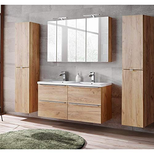Lomadox Komplett Badmöbel Set mit Doppel-Keramikbecken 120 cm und 2 Spiegelschränken, Wotaneiche & Hochglanz weiß, Breite 230cm Lomadox Komplett Badmöbel Set mit Doppel-Keramikbecken 120 cm und 2 Spiegelschränken, Wotaneiche & Hochglanz weiß, Breite 230cm von Lomadox