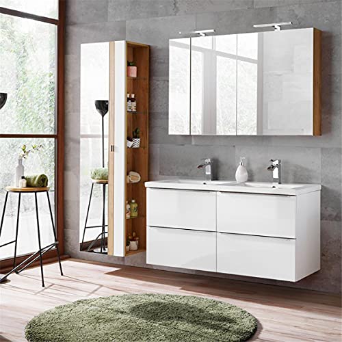 Lomadox Komplett Badmöbel Set mit Doppel-Waschtisch 120cm aus Keramik, Hochglanz weiß & Wotaneiche, inkl. LED-Spiegelschrank von Lomadox