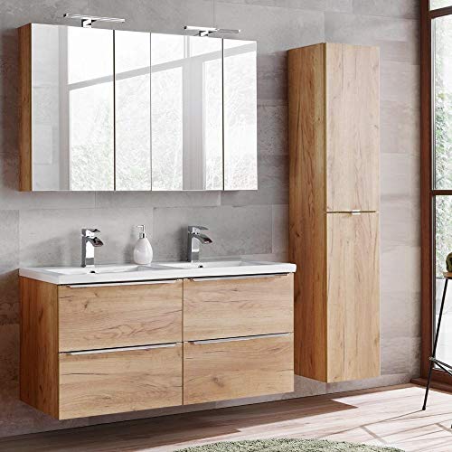 Lomadox Komplett Badmöbel Set mit Doppel-Waschtisch 120cm aus Keramik 120cm, inkl. 2 Spiegelschränke, Wotaneiche & Hochglanz weiß, Breite 175cm Lomadox Komplett Badmöbel Set mit Doppel-Waschtisch 120cm aus Keramik 120cm, inkl. 2 Spiegelschränke, Wotaneiche & Hochglanz weiß, Breite 175cm von Lomadox