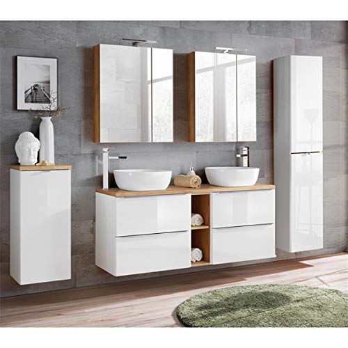 Lomadox Komplett Badmöbel Set mit Doppel-Waschtisch inkl. 2 Keramik-Aufsatzbecken 50cm, Hochglanz weiß & Wotaneiche inkl. LED-Spiegelschrank von Lomadox