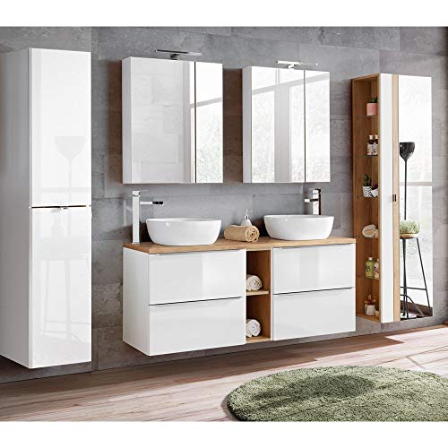 Lomadox Komplett Badmöbel Set mit Doppel-Waschtisch inkl. 2 Keramik-Aufsatzbecken 50cm, Hochglanz weiß & Wotaneiche inkl. LED-Spiegelschrank von Lomadox