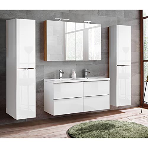 Lomadox Komplett Badmöbel Set mit Doppel-Waschtisch inkl. Keramikbecken 121cm, Hochglanz weiß & Wotaneiche, inkl. LED-Spiegelschrank von Lomadox
