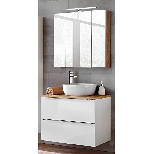 Lomadox Komplett Badmöbel Set mit Keramik-Aufsatzwaschbecken, Hochglanz weiß & Wotaneiche, inkl. LED-Spiegelschrank 3D Lomadox Komplett Badmöbel Set mit Keramik-Aufsatzwaschbecken, Hochglanz weiß & Wotaneiche, inkl. LED-Spiegelschrank 3D von Lomadox