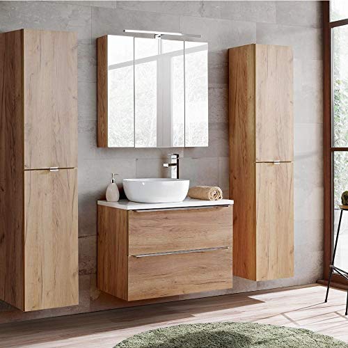 Lomadox Komplett Badmöbel Set mit Keramik-Aufsatzwaschbecken, Wotaneiche & Hochglanz weiß, inkl. LED-Spiegelschrank 3D von Lomadox