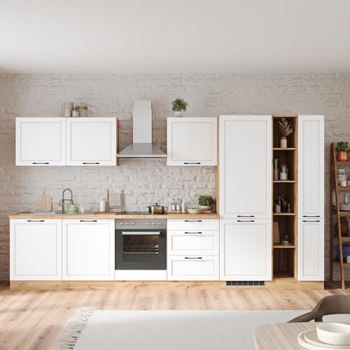 Lomadox Küche Einbauküche Küchenzeile 360 cm mit E-Geräten in weiß und Eiche, Arbeitsplatte in Eiche, inkl. Dunstabzugshaube, Herd, Backofen, Geschirrspüler, Kühlgefrierkombi von Lomadox