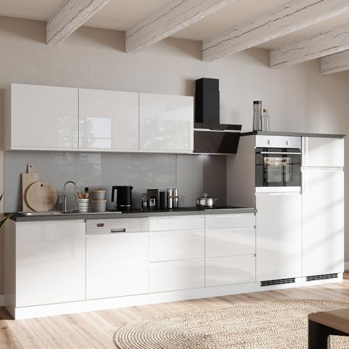 Lomadox Küche Küchenzeile 300 cm, inkl. E-Geräte, in Hochglanz weiß, Arbeitsplatte Betonoptik von Lomadox