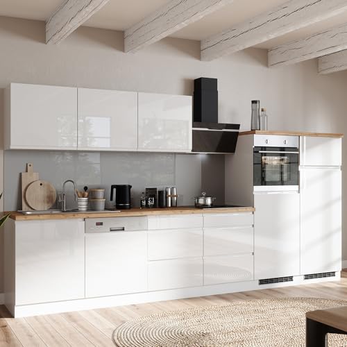 Lomadox Küche Küchenzeile 300 cm, inkl. E-Geräte, in Hochglanz weiß, Arbeitsplatte Eiche von Lomadox