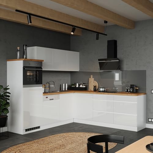Lomadox Küche Küchenzeile Winkelküche 240/240cm, inkl. E-Geräte, in Hochglanz weiß, Arbeitsplatte Eiche von Lomadox