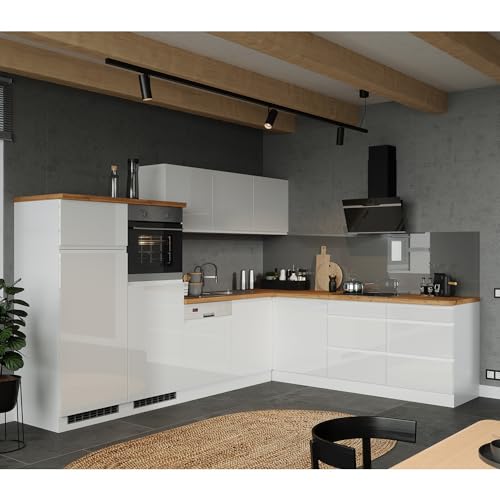 Lomadox Küche Küchenzeile Winkelküche 300/240cm, inkl. E-Geräte, in Hochglanz weiß, Arbeitsplatte Eiche von Lomadox