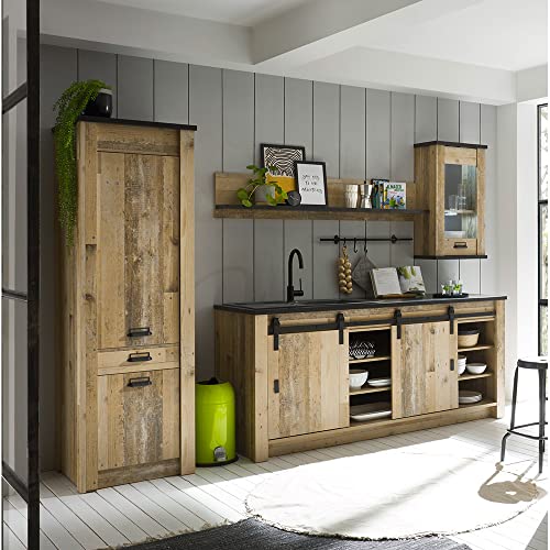 Lomadox Küchenmöbel Küchen Set, Old Style hell Nb. mit anthrazit, Spülschrank mit offenen Fächern, Stauraumschrank, 160cm Wandregal, Hängevitrine mit Softclose von Lomadox