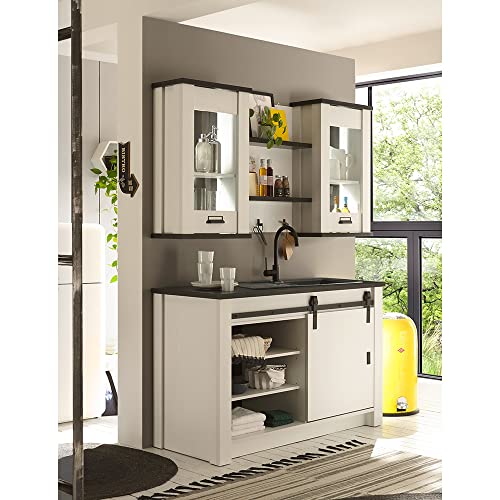 Lomadox Küchenmöbel Küchen Set, Pinie weiß Nb. mit anthrazit, 133cm Spültisch mit Scheunentorbeschlägen, Hängeschränke mit Softclose, 90cm Wandregal von Lomadox