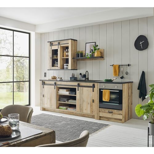 Lomadox Küchenzeile 4-teilig in Old Style hell mit anthrazit Küchenschrank Küchenmöbel Wandregal Spültisch Hängeschrank modern von Lomadox