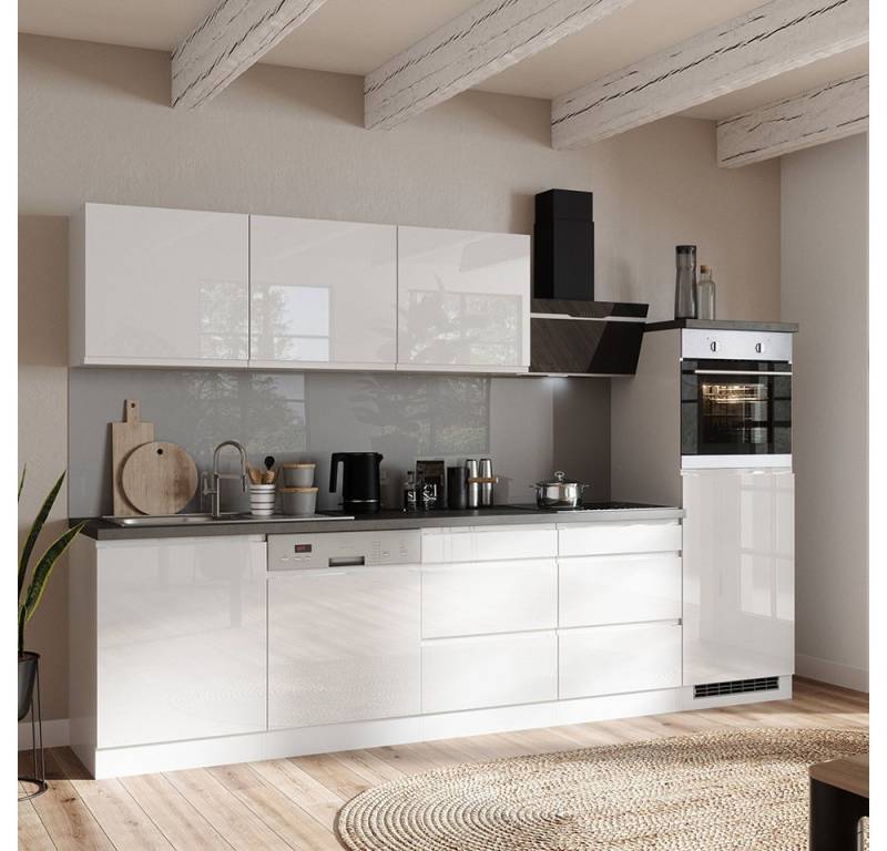 Lomadox Küchenzeile MARSEILLE-03, Fronten Hochglanz weiß, Arbeitsplatte Betonoptik, 300cm, inkl E-Geräte von Lomadox