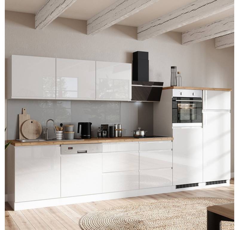 Lomadox Küchenzeile MARSEILLE-03, Fronten Hochglanz weiß, Arbeitsplatte Eiche, 360cm, inkl. E-Geräte Lomadox Küchenzeile MARSEILLE-03, Fronten Hochglanz weiß, Arbeitsplatte Eiche, 360cm, inkl. E-Geräte von Lomadox