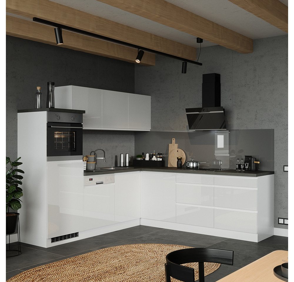 Lomadox Küchenzeile MARSEILLE-03, Winkelküche 240/240cm, Hochglanz weiß & Eiche, ohne E-Geräte von Lomadox