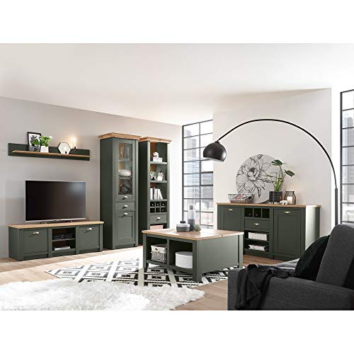 Lomadox Landhaus Anbauwand Wohnwand Komplett Set mit Anrichte & Couchtisch, englisch grün mit Wotan Eiche, mit Beleuchtung Lomadox Landhaus Anbauwand Wohnwand Komplett Set mit Anrichte & Couchtisch, englisch grün mit Wotan Eiche, mit Beleuchtung von Lomadox