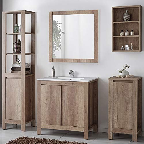 Lomadox Landhaus Badmöbel Set Komplett 5-teilig ● Holzoptik Country Eiche Nb. ● 80cm Waschtisch-Unterschrank mit Keramik-Waschbecken ● Hochschrank, Wandregal, Unterschrank & Spiegel von Lomadox