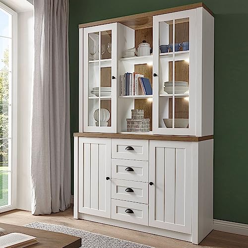 Lomadox Landhaus Buffetschrank Küchenbuffet Vitrinenschrank in Pine weiß mit Eiche hell, inkl. Beleuchtung Lomadox Landhaus Buffetschrank Küchenbuffet Vitrinenschrank in Pine weiß mit Eiche hell, inkl. Beleuchtung von Lomadox