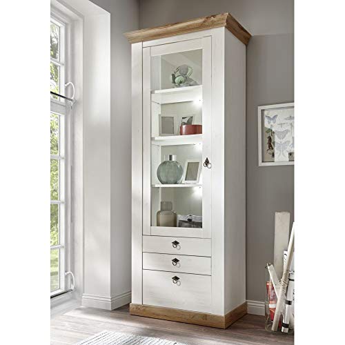Lomadox Landhaus Vitrinenschrank Standvitrine Pinie weiß Wotan Eiche Nb. inkl. LED-Beleuchtung, B/H/T: 82/204/44cm von Lomadox