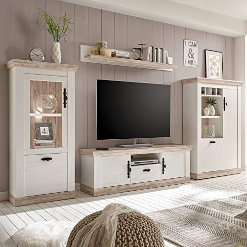 Lomadox Landhaus Wohnwand Pinie weiß mit Vitrine & Highboard, TV-Lowboard & Regal inkl. LED-Beleuchtung von Lomadox