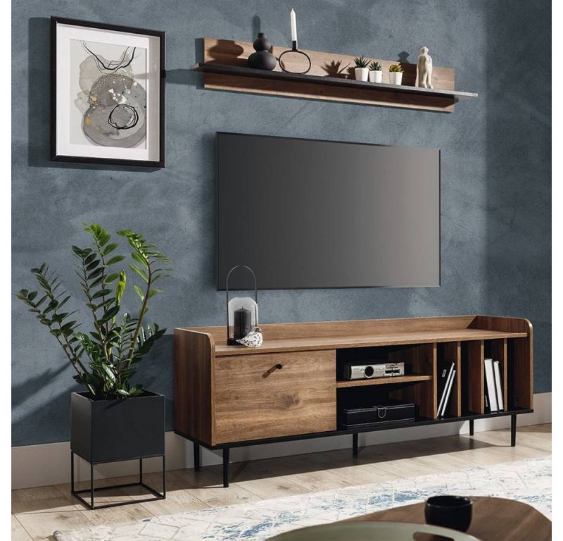 Lomadox Wohnzimmer-Set VAREDO-132, (Mega-Spar-Set, 2-St., 2-tlg), TV im Retro Design in Eiche Nb. mit Wandboard, B/H/T: 150/180/40 cm von Lomadox