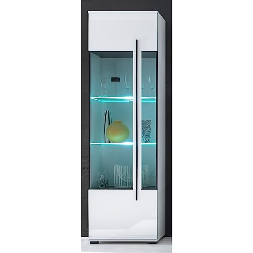 Lomadox Moderne Stand-Vitrine in weiß Hochglanz inkl. LED mit Glaseinsatz aus Grauglas BxHxT: 60x200x37cm von Lomadox
