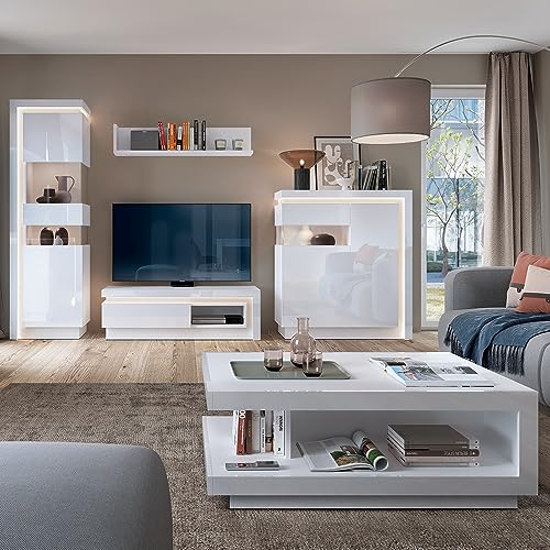 Lomadox Modernes Wohnwand Set in weiß Hochglanz, bestehend aus Vitrine, TV-Lowboard, Wandboard, Highboard und Couchtisch Lomadox Modernes Wohnwand Set in weiß Hochglanz, bestehend aus Vitrine, TV-Lowboard, Wandboard, Highboard und Couchtisch von Lomadox