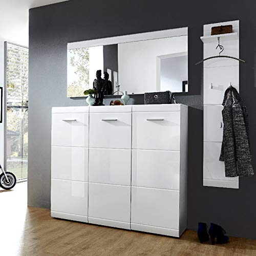 Lomadox Möbel-Set für Garderoben in Hochglanz weiß mit Wandpaneel, Spiegelelement & Schuhschrank von Lomadox